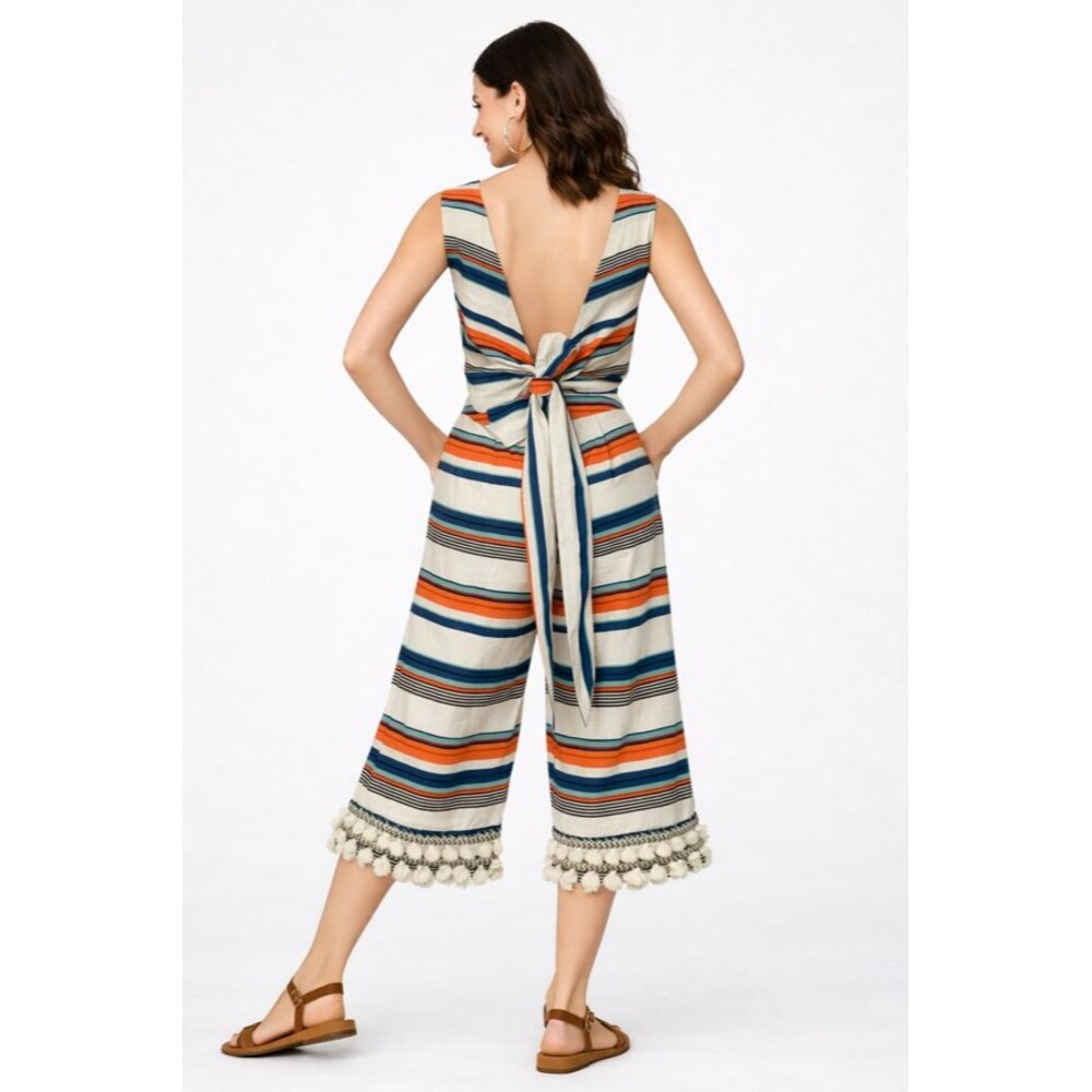 Womens Linen Jumpsuit Rainbow Stripe XS Pom-poms Ankle Tie Back BOHO Avenue NWT